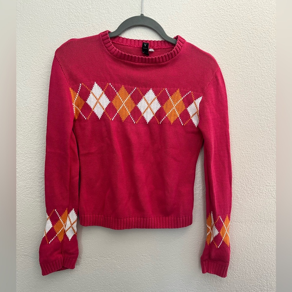 Argyle Patterned Pink Long Sleeve Sweater Size Small Women’s